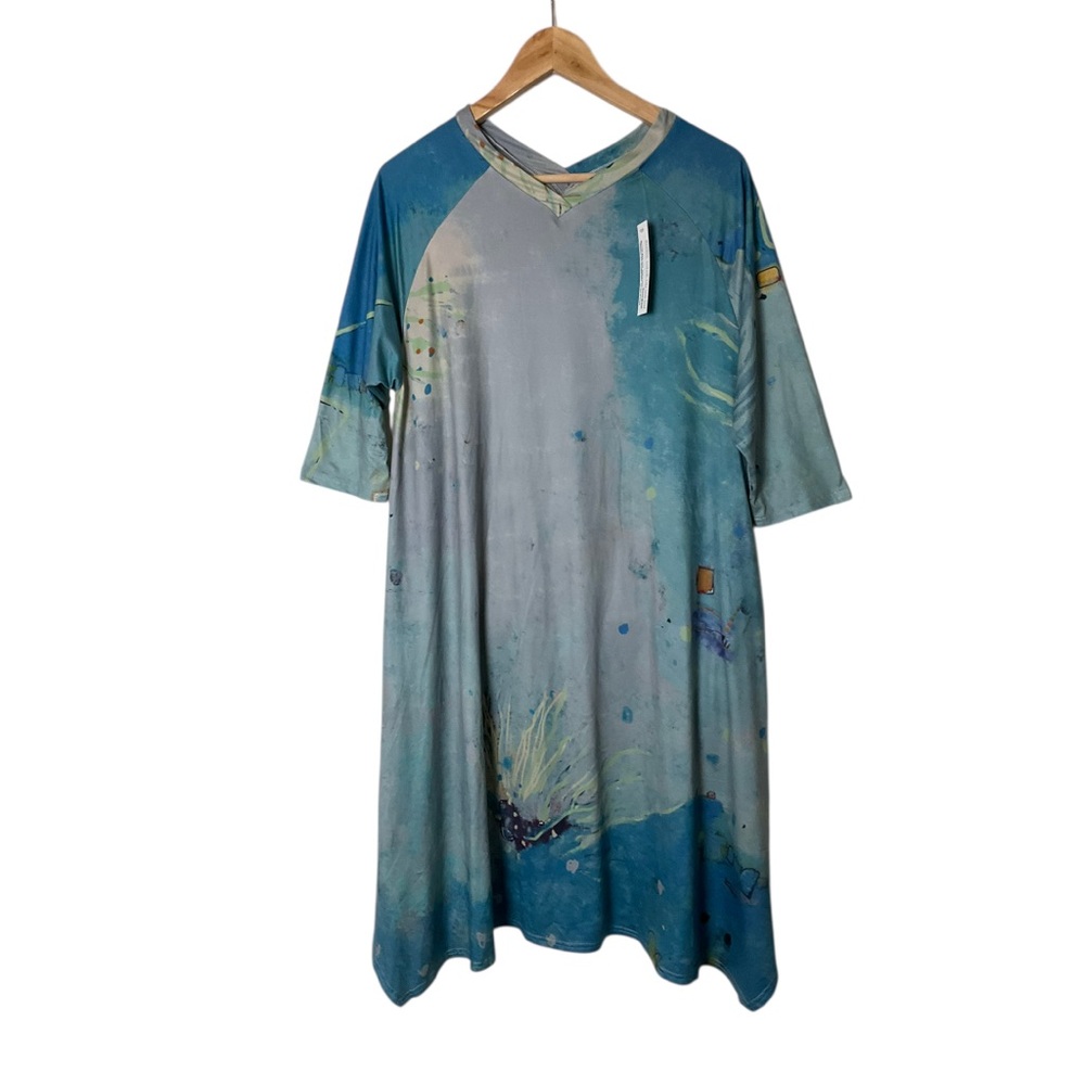 NWT 3 Potato Dress Tunic Green Print Floral Art to Wear S/M 2835 - Picture 2 of 5